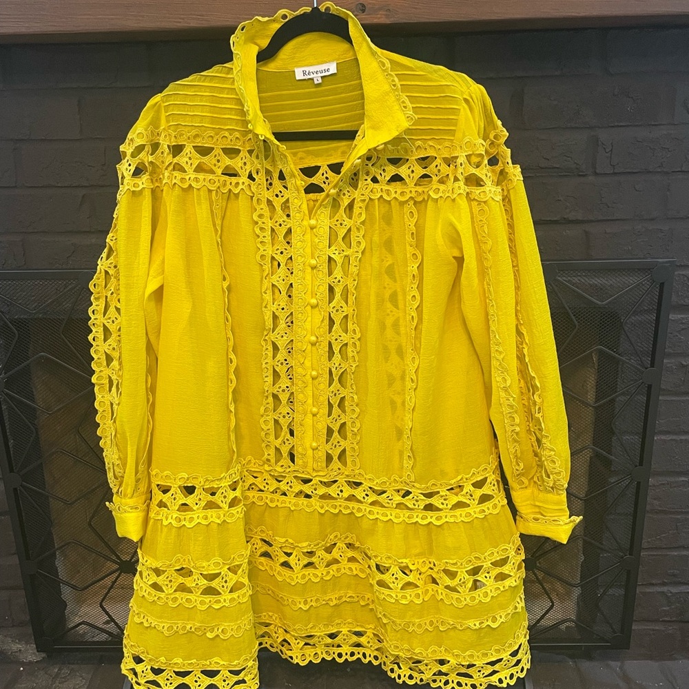 Réveuse Long Sleeve Sheer Lace Yellow Dress